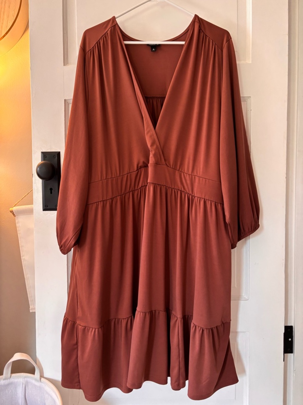 Torrid Brown Rust-Tone Long Sleeve Tiered V-Neck Wrap Dress, Plus - Flattering
